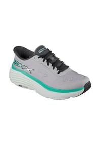 Scarpa sportiva grigia con tomaia in rete e lacci neri. Presenta dettagli turchesi e una suola bianca spessa etichettata "MAX CUSHION". Tallone testurizzato.