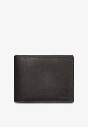 Portafoglio nero in pelle con una texture liscia, design a due ante e un piccolo logo in rilievo nell'angolo inferiore.