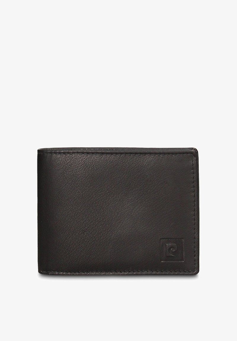 Zwarte leren portemonnee met een gladde textuur, bi-fold ontwerp en een klein geperst logo in de onderste hoek.