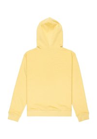 Gładka żółta bluza z kapturem, z długimi rękawami, ściągaczami przy mankietach i w pasie, pokazana od tyłu na białym tle.