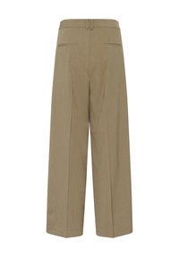 Beige Weite-Hosen aus glattem Stoff, mit hoher Taille, Gürtelschlaufen und zwei Gesäßtaschen. Schlichtes Design, ohne sichtbare Muster.