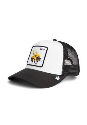 White trucker hat featuring a black mesh back, a curved black brim, and an embroidered bee design with the text "BUSY" on the front.