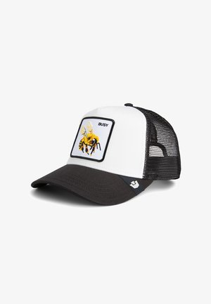 White trucker hat featuring a black mesh back, a curved black brim, and an embroidered bee design with the text "BUSY" on the front.