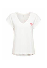 Biała koszulka typu t-shirt z dekoltem w kształcie litery V i krótkimi rękawami. Posiada mały, czerwony nadruk serca po lewej stronie na piersi. Wykonana z miękkiego, lekkiego materiału.