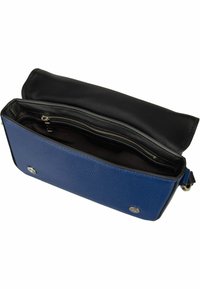 Borsa a tracolla in pelle blu con texture, foderata in nero, presenta una tasca con zip interna e dettagli in metallo argentato.