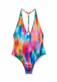 Jednodílné plavky s hlubokým V výstřihem, pestrým tie-dye vzorem a zadním páskem s dekorativními korálky a bambusovými akcenty.