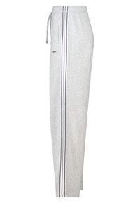 Graue Sweatpants mit lockerem Sitz, aus weichem Material, mit zwei vertikalen marineblauen Streifen an den Seiten und einem verstellbaren Bund.