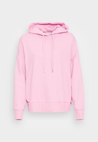 Sudadera con capucha rosa hecha de tela suave, con cordón ajustable, puños y bajo acanalados, y un corte holgado.