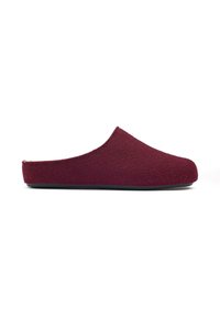Burgundy wool slip-on shoe with a rounded toe and soft interior lining, featuring a sturdy black rubber sole. Flat design, no fasteners.