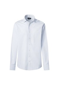 Chemise à manches longues à boutons de couleur bleu clair avec des rayures verticales étroites, fabriquée en tissu tissé, dotée d'un col pointu et de poignets à boutons.
