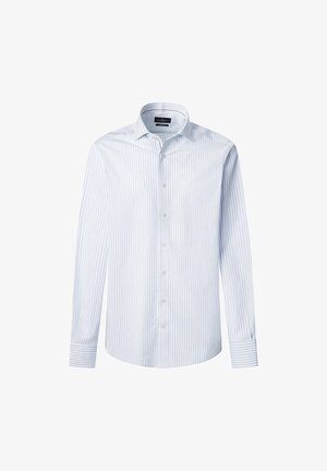 Lange mouwen overhemd met knopen in lichtblauw met smalle verticale strepen, gemaakt van geweven stof, met een puntige kraag en knopenmanchetten.
