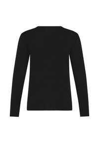 Suéter negro de punto, de manga larga, con cuello redondo, textura de punto, sin cierres ni patrones, acabado suave.