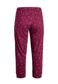 Bordo pidžaama püksid elastse vöökohtaga, lühikeste cuffs'idega ja juhusliku väikese roosa südame kontuuride mustriga, nähtavad tagantpoolt.