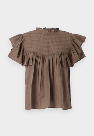 Brun kortermet bluse med volangkrage og volanger på ermene. Har vertikale striper, løs passform og rynkedetaljer i midjen.