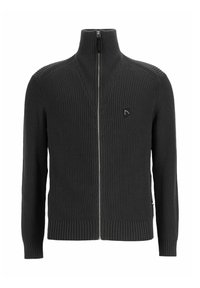 Dunkelgrauer, gerippter Reißverschluss-Pullover mit hohem Kragen. Verfügt über ein dreieckiges Nähmuster und ein kleines Logo auf der Brust.