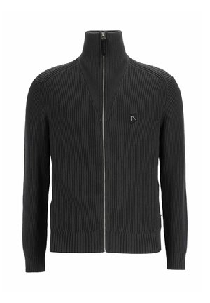 Temno siva, rebrasta zip-up jopica z visokim ovratnikom. Značilna je trikotna šivana struktura in majhna oznaka na prsih.