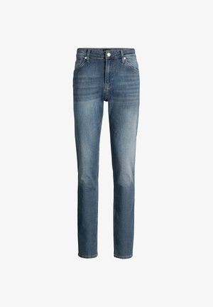 Schmal geschnittene blaue Jeans aus Denim mit vorderer Knopf- und Reißverschluss, fünf Taschen und dezenten Verwaschungen an Oberschenkeln und Knien.