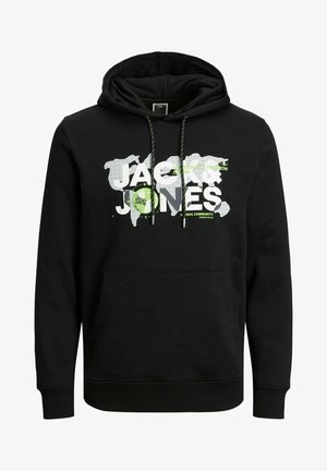Black hoodie with a kangaroo pocket, featuring a graphic print of "Jack & Jones" and a world map in white and green tones.