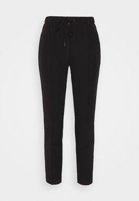 Pantalons noirs avec coupe fuselée, taille élastique et détail de cordon. Fabriqués en tissu lisse avec poches latérales.