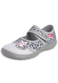 Graue Stoffschuhe mit Leopardenmuster und einem Katzenmotiv. Verfügt über zwei Klettverschlüsse und eine strukturierte Sohle für besseren Halt.