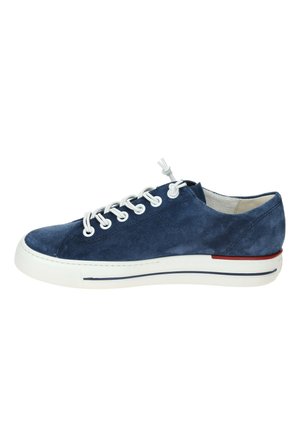 Navy blue suede low-top sneaker with white laces and sole, featuring a red accent near the heel and a thin navy stripe on the sole.
