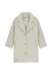 Cappotto grigio chiaro in tessuto strutturato, colletto a rever, tre bottoni marroni e due tasche frontali. Progettato con una vestibilità rilassata.