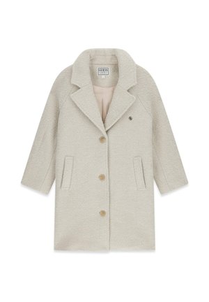 Cappotto grigio chiaro in tessuto strutturato, colletto a rever, tre bottoni marroni e due tasche frontali. Progettato con una vestibilità rilassata.
