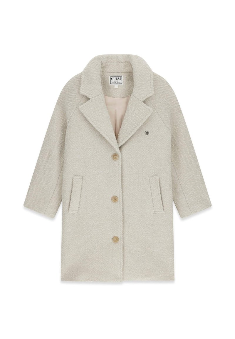 Cappotto grigio chiaro in tessuto strutturato, colletto a rever, tre bottoni marroni e due tasche frontali. Progettato con una vestibilità rilassata.