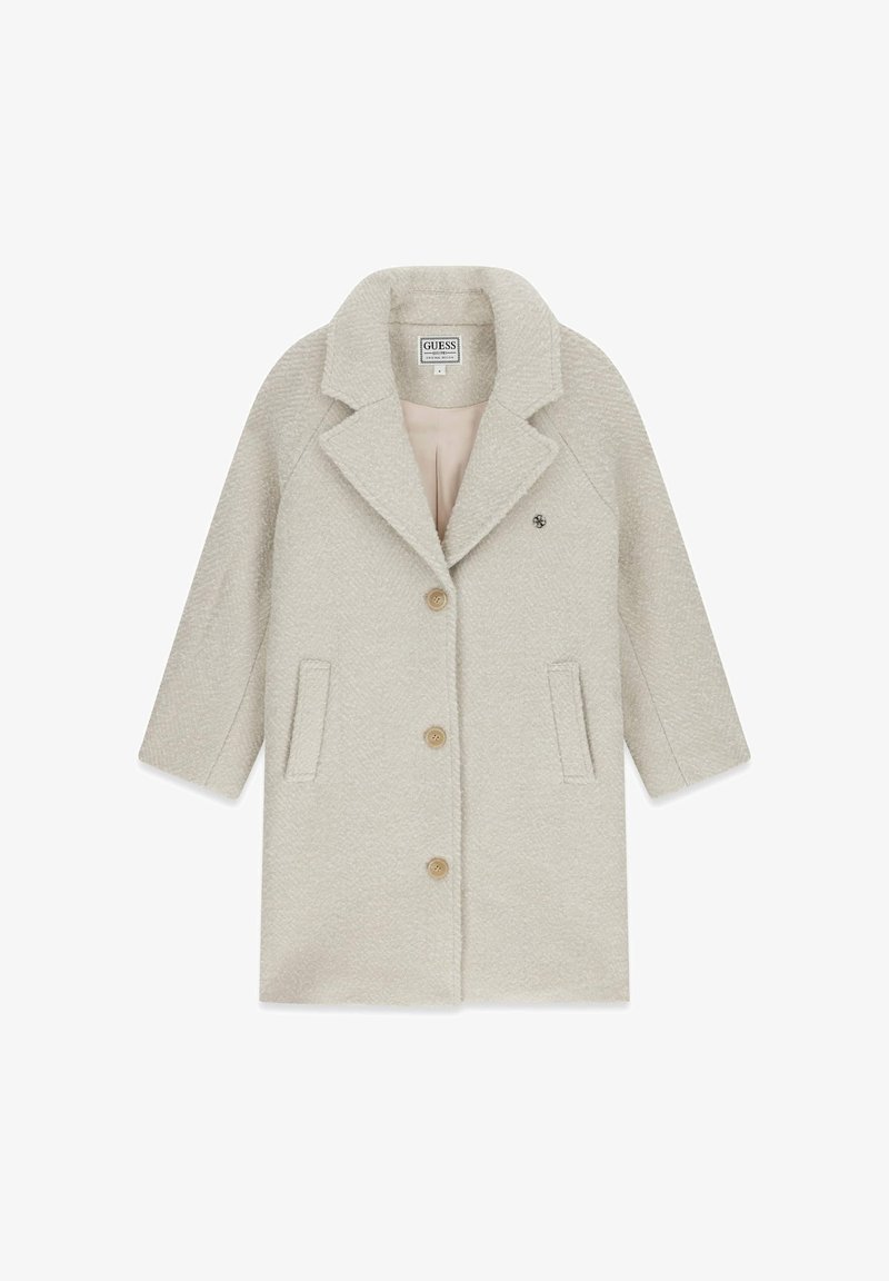 Cappotto grigio chiaro in tessuto strutturato, colletto a rever, tre bottoni marroni e due tasche frontali. Progettato con una vestibilità rilassata.