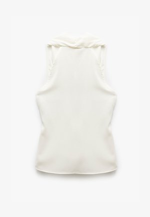 Sleeveless white blouse with a smooth, matte texture and structured collar. Features a simple, clean design without additional accents.