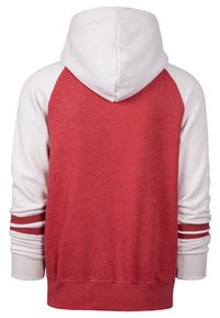 Rode en witte hoodie met een effen rode achterkant, witte mouwen en rode gestreepte accenten aan de manchetten. Gemaakt van een zachte, gestructureerde stof.