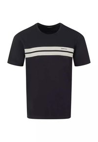 Granatowa koszulka z krótkim rękawem wykonana z bawełny, z dwoma poziomymi białymi paskami na wysokości klatki piersiowej i logo po lewej stronie.