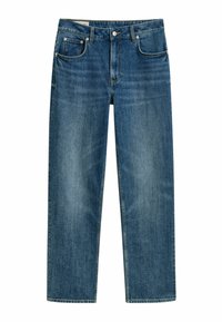 Raka jeans i medelblå denim, med knappstängning, fem fickor och subtila blekningar för textur.