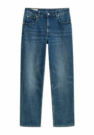 Gerade geschnittene Jeans aus mittlerem blauen Denim, mit Knopfverschluss, fünf Taschen und subtilen, ausgewaschenen Akzenten für eine interessante Textur.