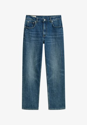 Gerade geschnittene Jeans aus mittlerem blauen Denim, mit Knopfverschluss, fünf Taschen und subtilen, ausgewaschenen Akzenten für eine interessante Textur.