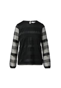 Schwarzes Oberteil mit langen Ärmeln aus transparenter gestreifter Stoff, strukturiertem Körper mit horizontalen Satinstreifen und einem Reißverschluss auf der Rückseite.