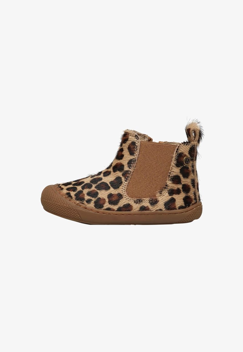 Stivale alla caviglia in stampa leopardo con pannello elastico laterale beige, suola in gomma, materiale in pelliccia testurizzato e piccolo dettaglio a loop sul retro.