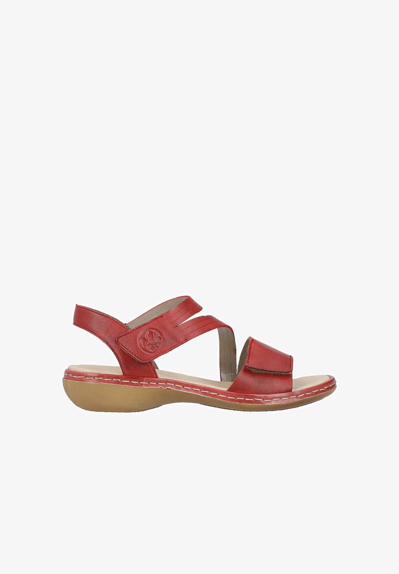 Sandale en cuir rouge avec un design à croisement et fermeture Velcro réglable. Semelle intérieure rembourrée et semelle en caoutchouc pour un confort et une stabilité accrus.