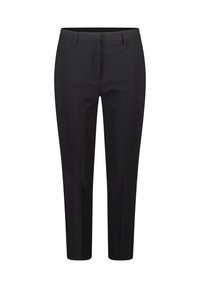 Pantalons noirs au design ajusté, dotés d'un devant plat, d'une fermeture éclair et de poches latérales. Fabriqués en tissu lisse et léger.