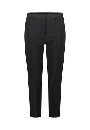 Pantalons noirs au design ajusté, dotés d'un devant plat, d'une fermeture éclair et de poches latérales. Fabriqués en tissu lisse et léger.