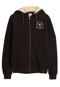 Zwarte rits hoodie met een fuzzy tan voering, geborduurd logo "Santiago de Chile", verstelbare trekkoorden en voorzakken.