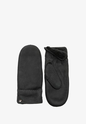 Black leather mittens featuring a soft lining, one finger compartment, and stitched detailing at the cuff. Smooth texture and minimalist design.
