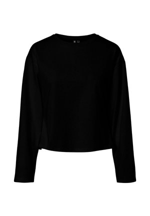 Haut court à manches longues noir en coton doux. Il présente un col rond et une coupe décontractée, idéal pour un style casual.