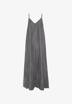 Robe maxi en denim gris avec de fines bretelles réglables, un décolleté en V et une silhouette ample et fluide. Présente des détails cousus le long des bords.