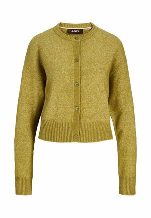 Olijfgroene cardigan met een ronde hals, knoopsluiting aan de voorkant en geribde zoom. Gemaakt van zacht, gestructureerd materiaal; heeft lange mouwen en een cropped pasvorm.