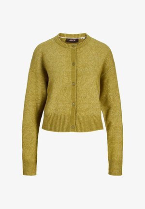Olijfgroene cardigan met een ronde hals, knoopsluiting aan de voorkant en geribde zoom. Gemaakt van zacht, gestructureerd materiaal; heeft lange mouwen en een cropped pasvorm.