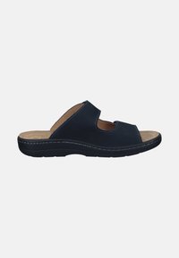 M�ørkeblå læder slide sandal med åben tå, rillede overdel og beige polstret indersål; har hvid syning og en fleksibel sål.
