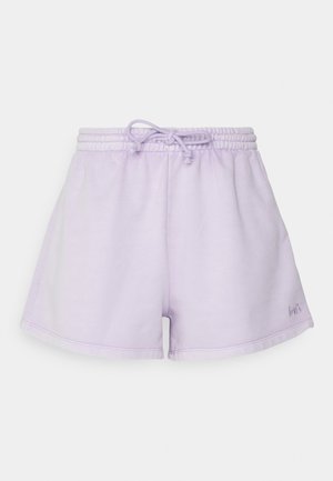 Pantalones cortos de sudor color lavanda claro con cinturilla elástica, cordón ajustable y pequeño logo bordado en la parte inferior izquierda.