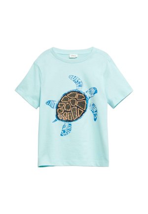 Hellblaues Kinder-T-Shirt mit einem Pailletten-Schildkröten-Design und blauem Text auf den Schildkrötengliedmaßen mit der Aufschrift "Giant Surf."