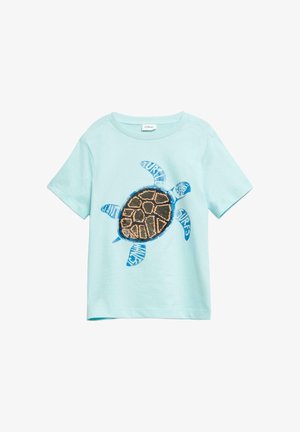 Hellblaues Kinder-T-Shirt mit einem Pailletten-Schildkröten-Design und blauem Text auf den Schildkrötengliedmaßen mit der Aufschrift "Giant Surf."